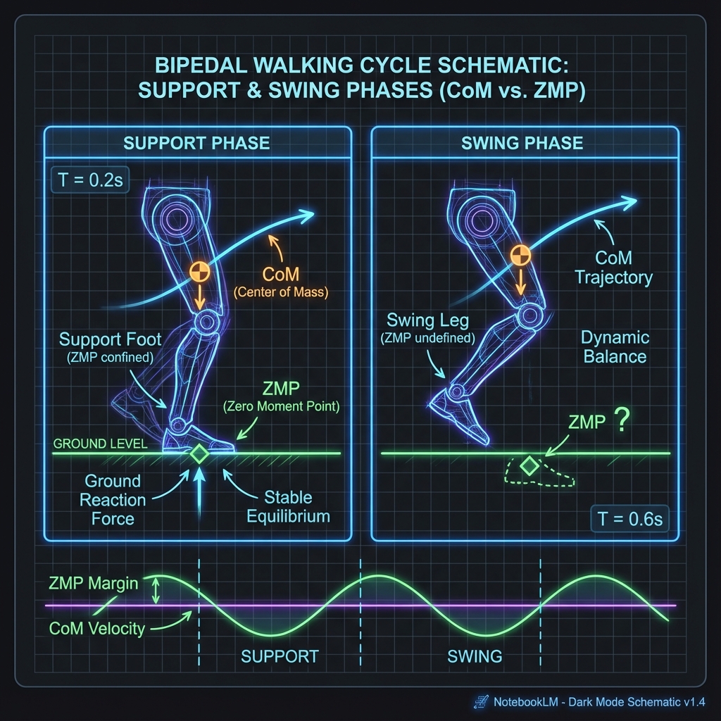Schematic of a bipedal walking cycle (Support Phase, Swing Phase). Shows Center of Mass (CoM) relative to Zero Moment Point (ZMP). Style: NotebookLM dark mode schematic.