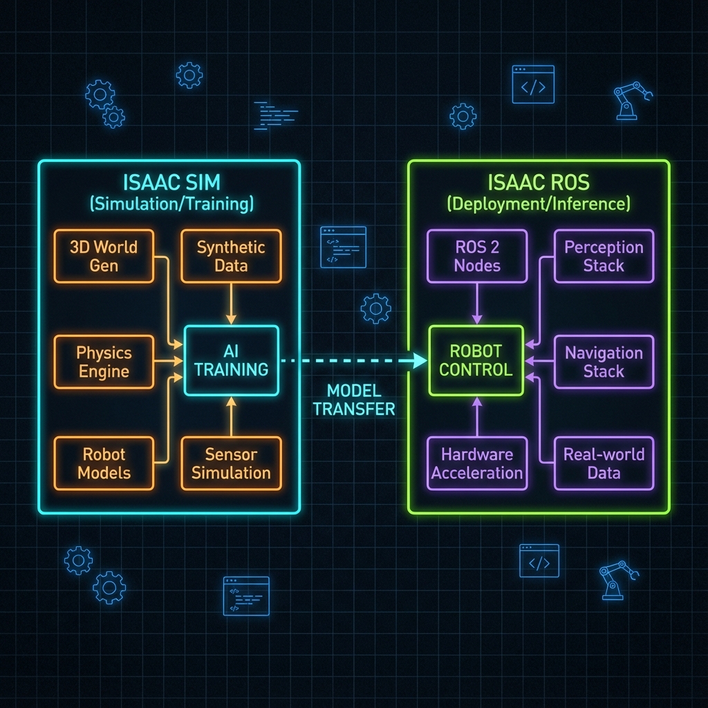 Schematic showing Isaac Sim (Simulation/Training) on the left and Isaac ROS (Deployment/Inference) on the right. Style: NotebookLM dark mode schematic.