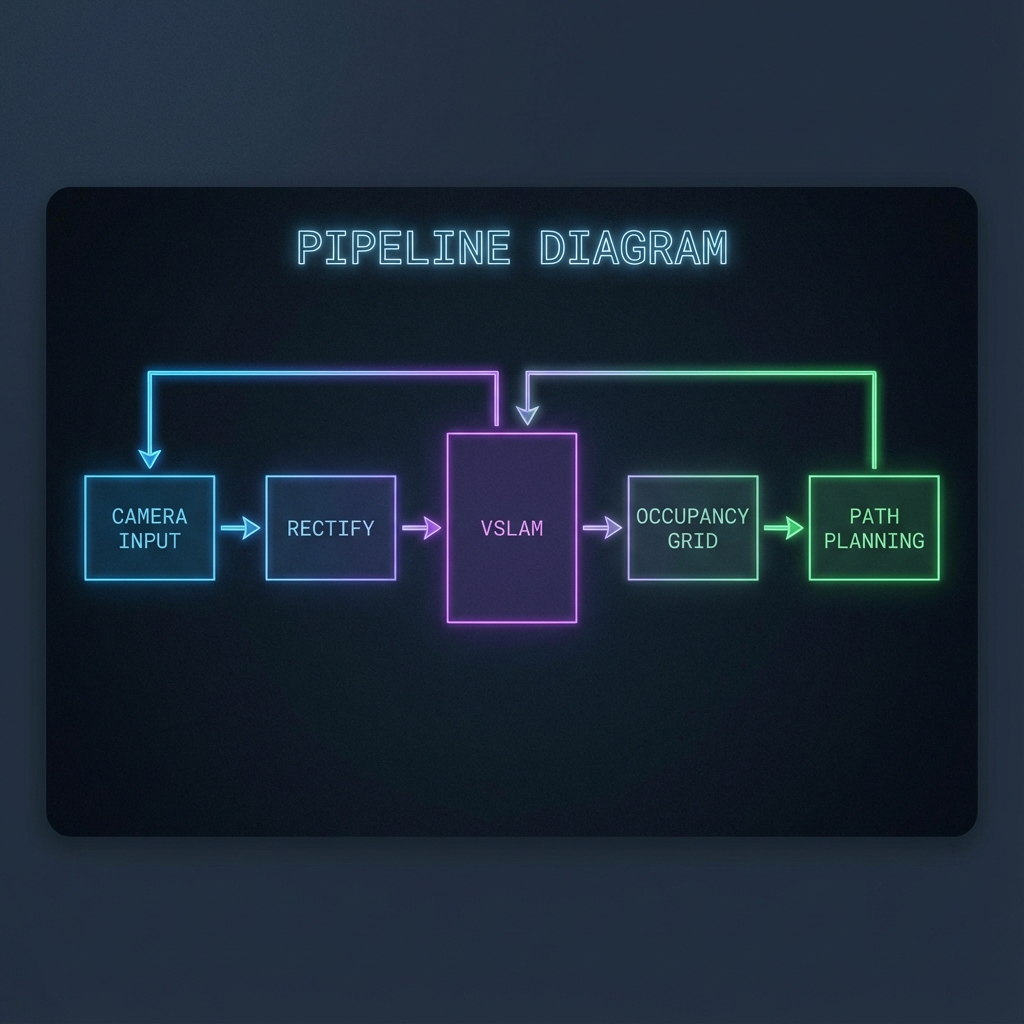 Diagram of a pipeline: Camera Input -> Rectify -> VSLAM -> Occupancy Grid -> Path Planning. Style: NotebookLM dark mode schematic.