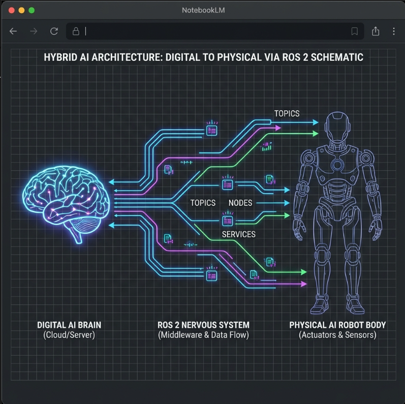 Schematic showing the brain (Digital AI) connecting to a robot body (Physical AI) with a nervous system (ROS 2) in between. Style: NotebookLM dark mode schematic.