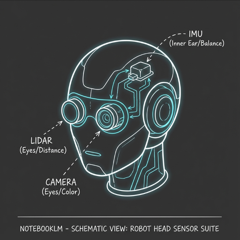 Diagram of a robot head showing Lidar (Eyes/Distance), Camera (Eyes/Color), and IMU (Inner Ear/Balance). Style: NotebookLM dark mode schematic.