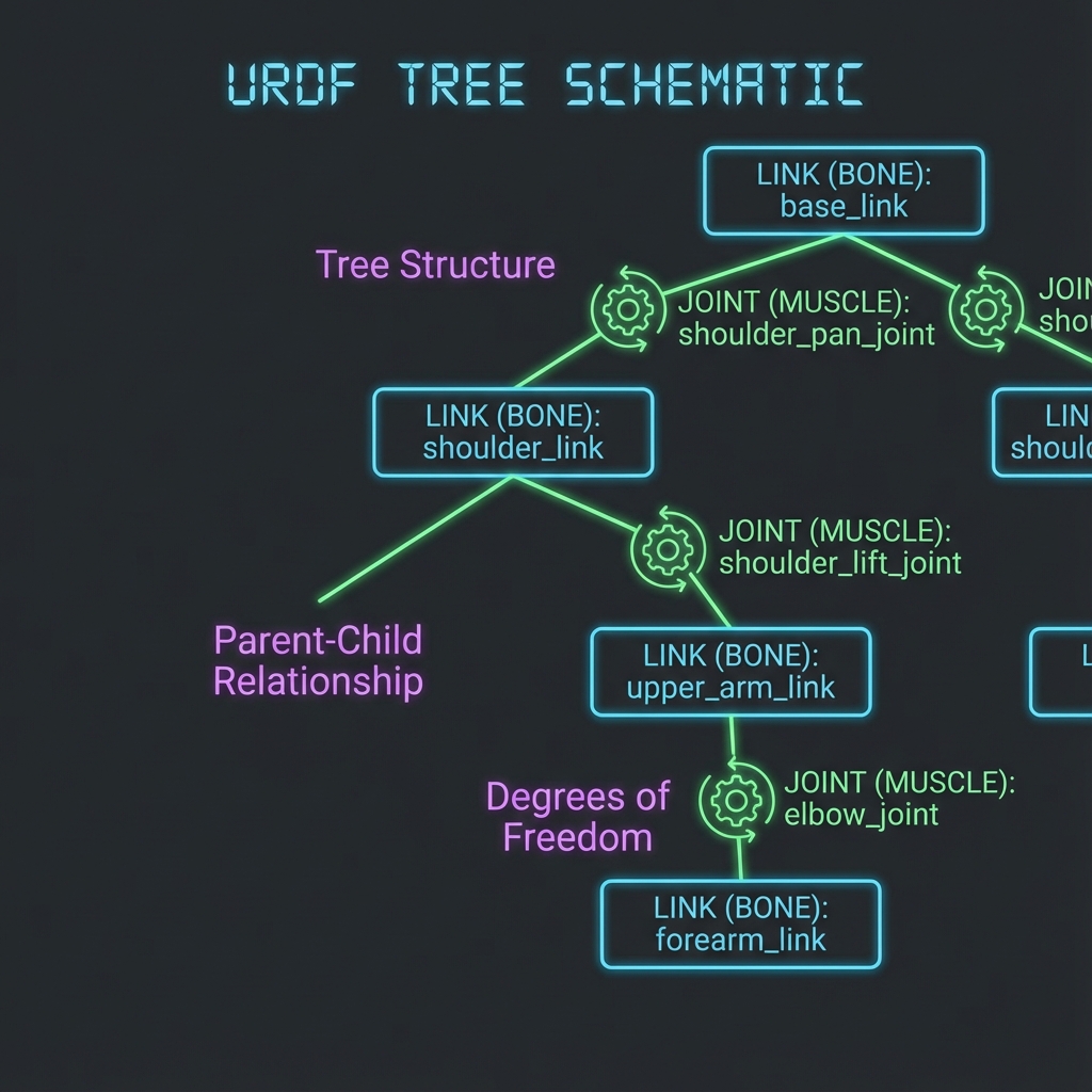 Diagram showing the URDF tree structure: Links (bones) connected by Joints (muscles). Style: NotebookLM dark mode schematic.