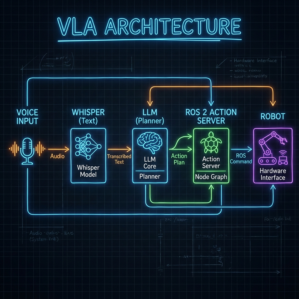 Schematic of VLA Architecture: Voice Input -> Whisper (Text) -> LLM (Planner) -> ROS 2 Action Server -> Robot. Style: NotebookLM dark mode schematic.